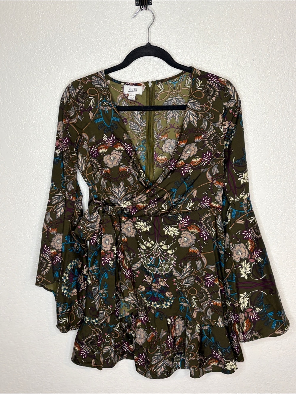 Myra Bag Olive Fall Floral Faux Wrap Mini Dress Bell Sleeves Size Small Boho